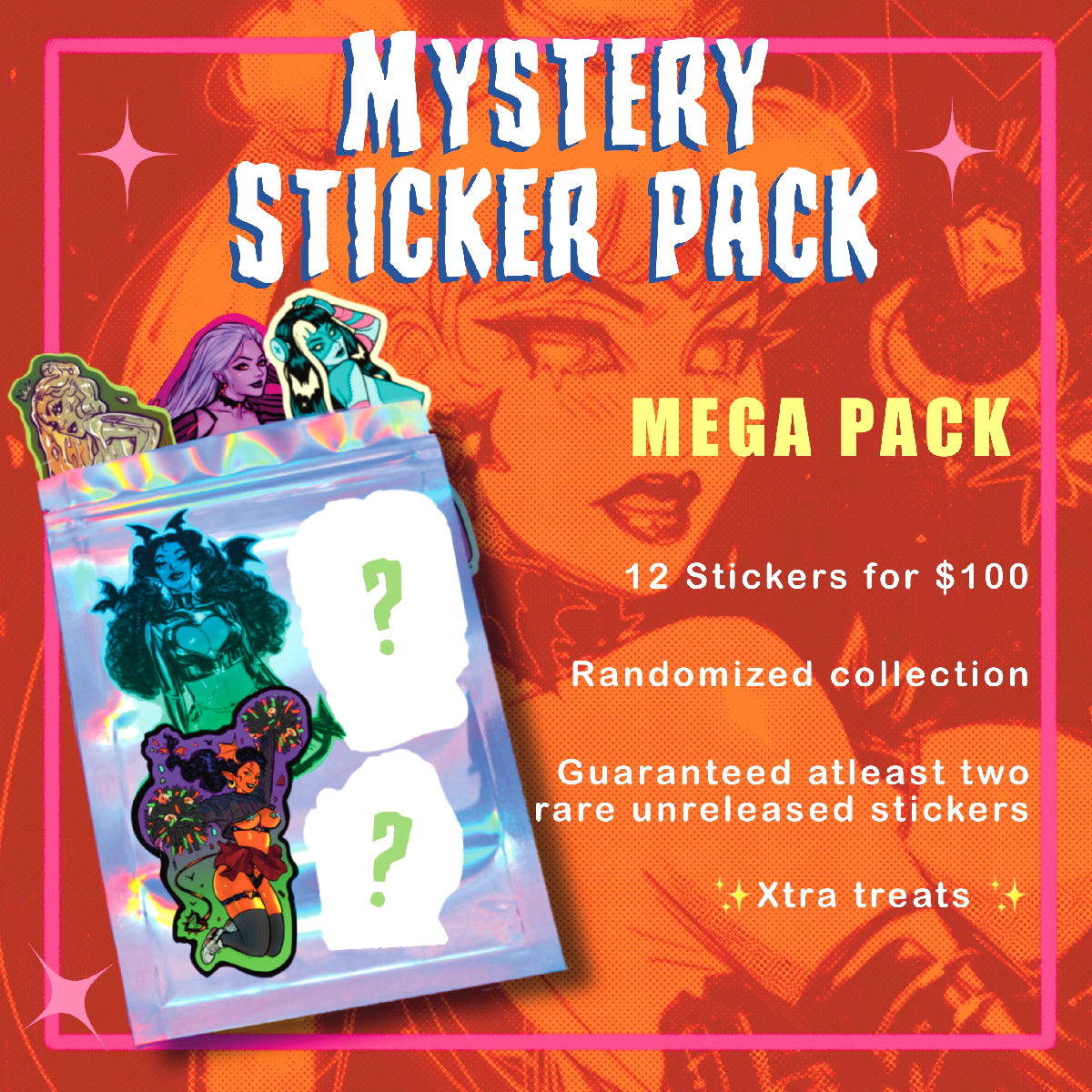 Promotional image for Mystery Sticker Pack featuring  various colorful stickers inside.